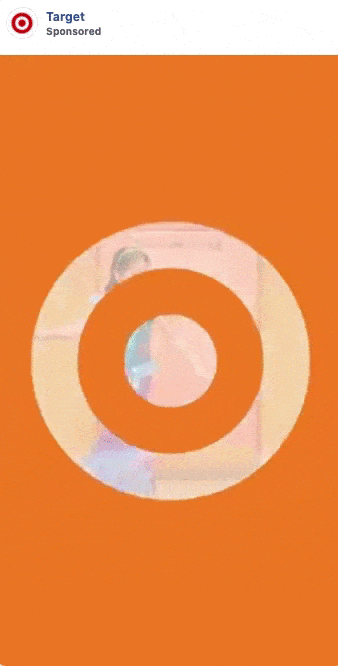Animated Target advertisement with the Target bullseye logo overlaying scenes of people shopping in a brightly lit store.