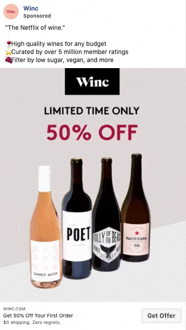 Four bottles of wine are displayed below a "Winc" logo with a "LIMITED TIME ONLY 50% OFF" promotion and details about high-quality, curated, and filtered wine options.