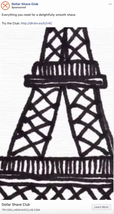 Black and white hand-drawn illustration of the Eiffel Tower featured in an advertisement for Dollar Shave Club.