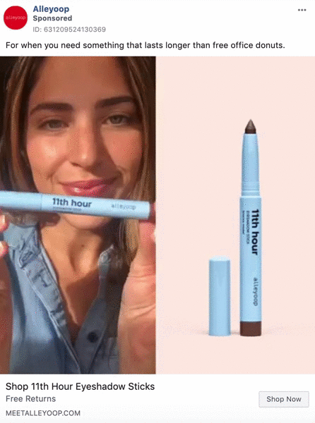 A woman holds a blue 11th Hour Eyeshadow Stick next to her face; on the right, the eyeshadow stick is shown close up on a plain background.
