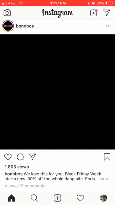 A black square image posted on Instagram with a caption announcing a 30% off Black Friday Week sale from the brand Bonobos.