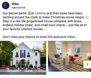 A white house decorated with Christmas lights and wreaths is shown on the left; on the right, a living room with a holiday tree, fireplace, and festive decorations.