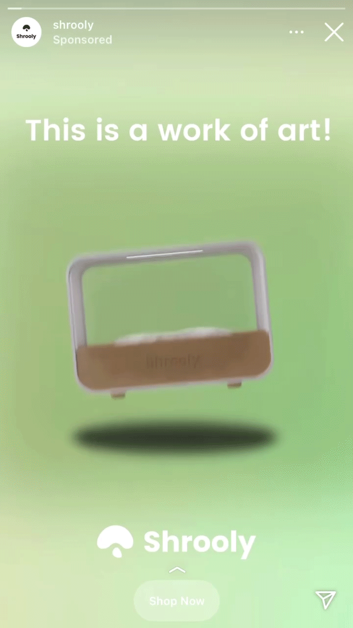 A rectangular device with a wooden base and white frame is displayed on a green background with the text "This is a work of art!" and the Shrooly logo below.