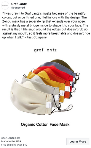 A row of six organic cotton face masks in different colors is displayed above the text "Organic Cotton Face Mask.