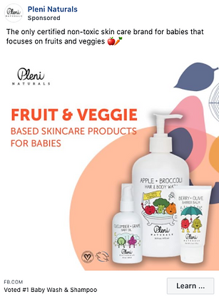 Pleni Naturals ad featuring fruit and veggie-based skincare products for babies, including body wash, lotion, and cream in white packaging with colorful illustrations.