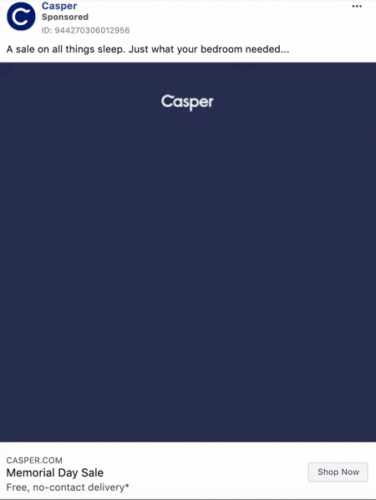 Animated Casper ad: A mattress appears on a dark blue background with the text "Memorial Day Sale" and "Free, no-contact delivery." Button reads "Shop Now.