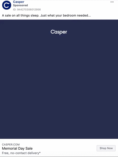 Animated Casper ad: A mattress appears on a dark blue background with the text "Memorial Day Sale" and "Free, no-contact delivery." Button reads "Shop Now.