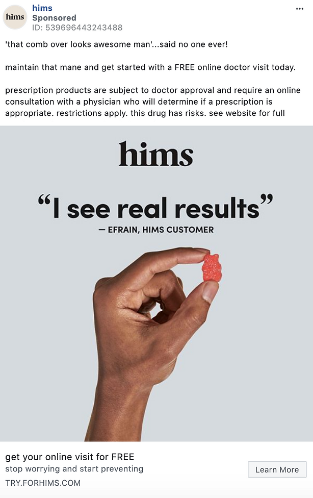 A hand holds a red gummy against a plain background with the text "I see real results" and information about free online doctor visits from Hims.