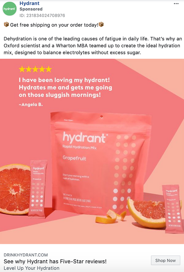 A pink Hydrant Rapid Hydration Mix package and individual drink sticks are displayed with sliced grapefruit, featuring a customer review and hydration benefits.