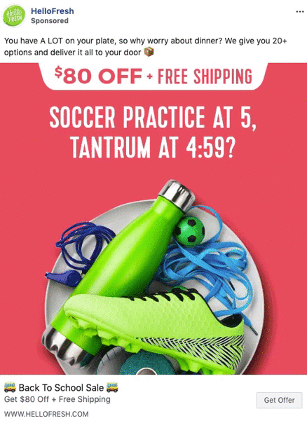 A pair of bright green soccer cleats, a green water bottle, and a blue jump rope lie on a pink surface next to a green soccer ball. A HelloFresh ad offers $80 off and free shipping.