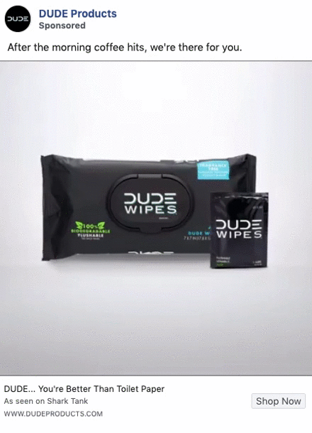 A package and a single packet of DUDE Wipes are displayed against a plain background in an online advertisement.
