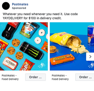 A variety of snacks and drinks, including soda, chips, candy, and energy drinks, are displayed on a bright blue background in two side-by-side images.