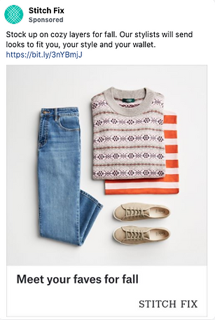 Folded sweater, striped shirt, jeans, and a pair of beige sneakers arranged neatly on a white background. Text reads: "Meet your faves for fall." Stitch Fix branding is visible.