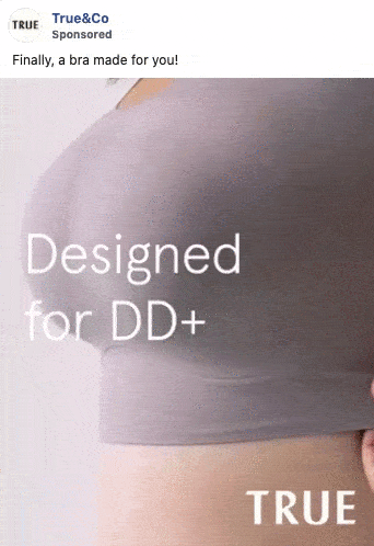 A person wearing a gray bra pulls on the side to show stretch; overlay text reads "Designed for DD+.