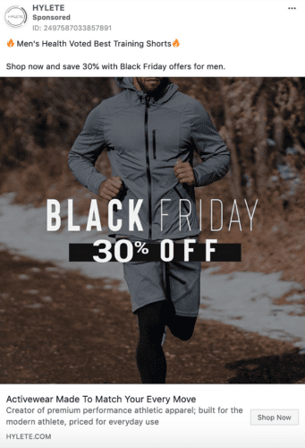 A man in a gray athletic jacket and black shorts stands outdoors; overlaid text reads "Black Friday 30% Off.