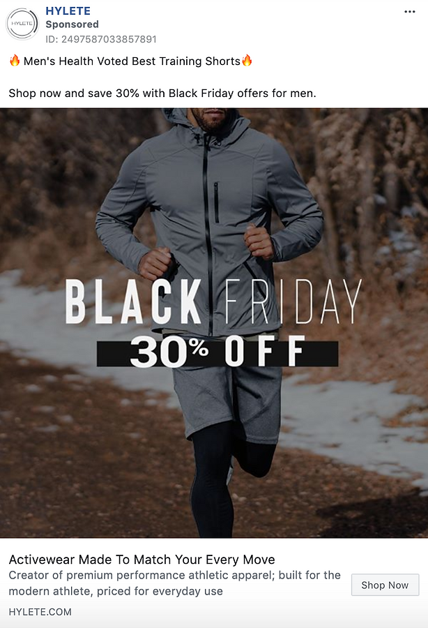 A man in a gray athletic jacket and black shorts stands outdoors; overlaid text reads "Black Friday 30% Off.