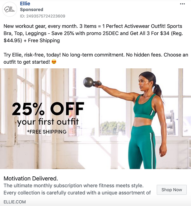 Woman in green sportswear lifts a kettlebell. Text overlay offers 25% off first Ellie order and free shipping. Promo details and subscription info are included.