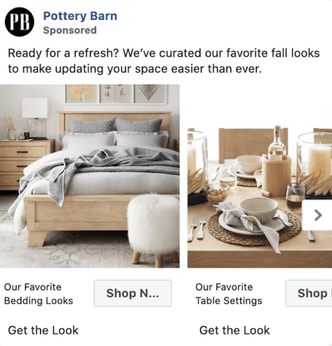Two images: a neatly made bed with cozy bedding and a fluffy stool, and a dining table set with neutral tableware and candles, both styled in a modern, neutral-toned decor.