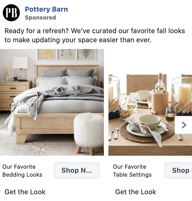 Two images: a neatly made bed with cozy bedding and a fluffy stool, and a dining table set with neutral tableware and candles, both styled in a modern, neutral-toned decor.