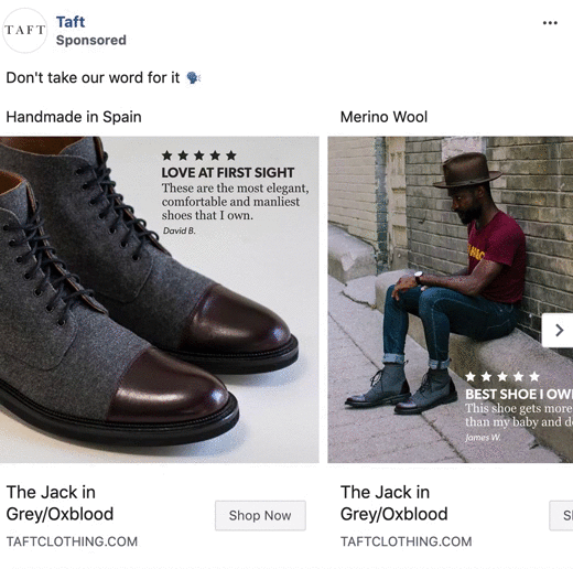 Two images show "The Jack in Grey/Oxblood" boots by Taft; one close-up of the boots, and one of a man wearing them, sitting on stairs. Customer review quotes are included on both images.