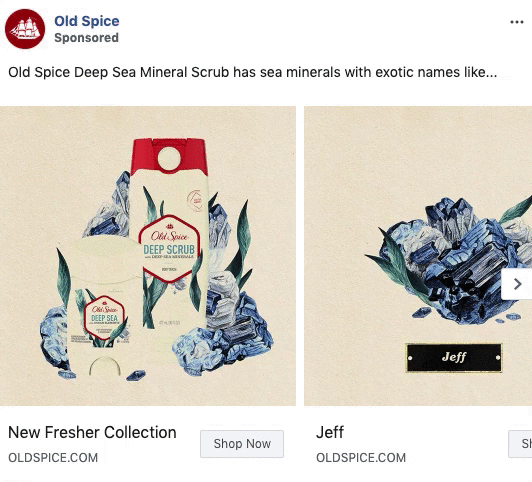 Two Old Spice Deep Sea Mineral Scrub products and a mineral cluster are shown on the left; a mineral labeled "Jeff" is on the right. Both sit against a light background.