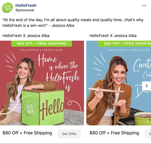 Two HelloFresh ads featuring Jessica Alba; the first shows her sitting with a HelloFresh box, and the second shows her holding chopsticks and a bowl, both promoting $80 off plus free shipping.