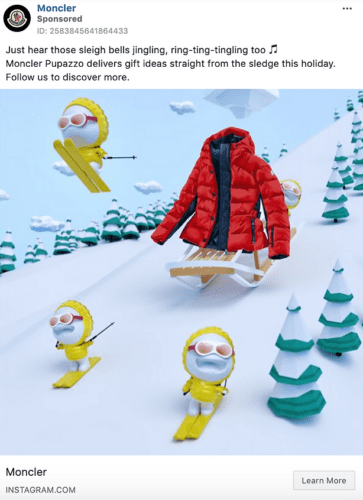 A red puffer jacket is displayed on a wooden sled, surrounded by four cartoon yellow skier figures on a snowy landscape with trees and a ski slope.