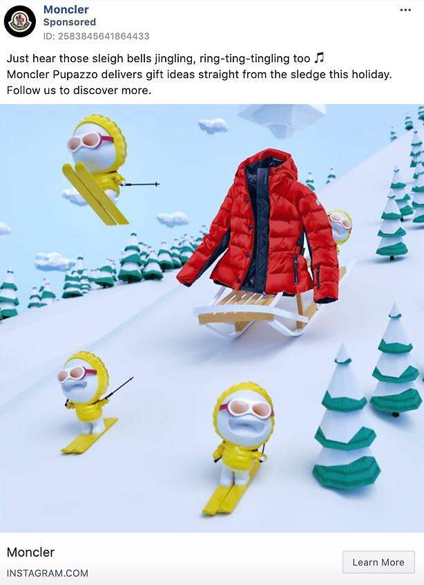 A red puffer jacket is displayed on a wooden sled, surrounded by four cartoon yellow skier figures on a snowy landscape with trees and a ski slope.