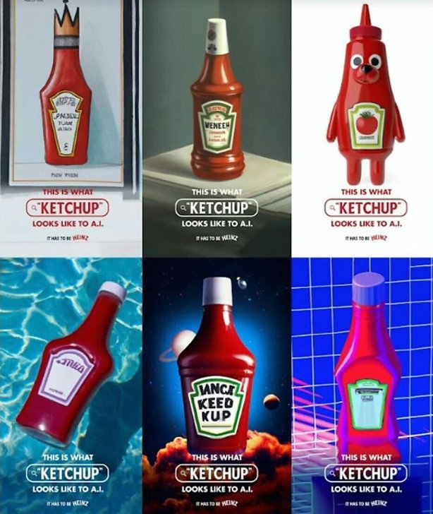 Six images show various AI-generated interpretations of ketchup bottles, each labeled with the phrase "This is what 'Ketchup' looks like to A.I." and featuring different brand parodies.