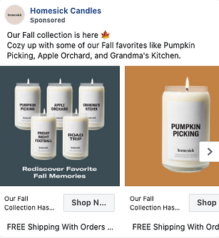 Three white candles labeled "Pumpkin Picking," "Apple Orchard," and "Grandma's Kitchen" are displayed as part of the Homesick Candles Fall collection advertisement.