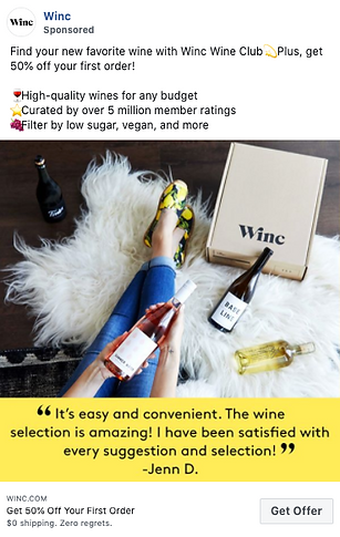 A person sits on the floor with three wine bottles and a wine glass near a cardboard Winc box, with a phone and notepad beside them. Text promotes Winc Wine Club and a customer testimonial.