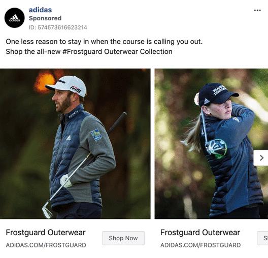 Two golfers wearing Adidas Frostguard outerwear, one male and one female, each holding golf clubs on a course, advertising the Adidas Frostguard Outerwear Collection.