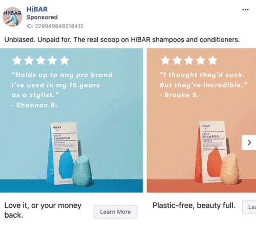 Two HiBAR shampoo products and their packaging are displayed on a surface with customer reviews and promotional text highlighting plastic-free and money-back guarantees.