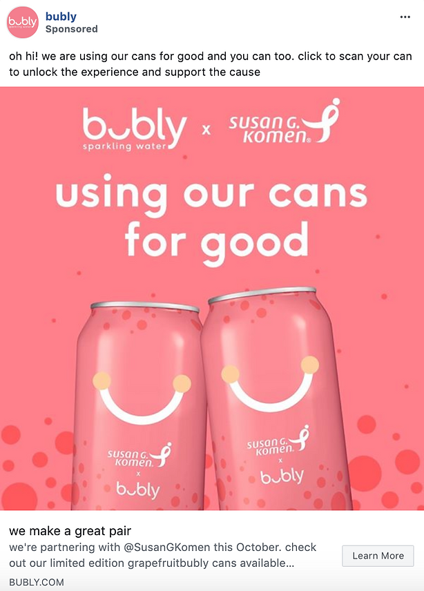 Two pink Bubly sparkling water cans with Susan G. Komen logos are displayed against a pink background with the text "using our cans for good.