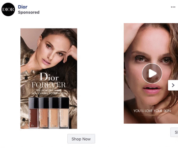Dior advertisement featuring a woman with makeup, five foundation bottles, and the text "Dior Forever Skin-Caring Foundation." A video thumbnail shows a close-up of her face with a play button.