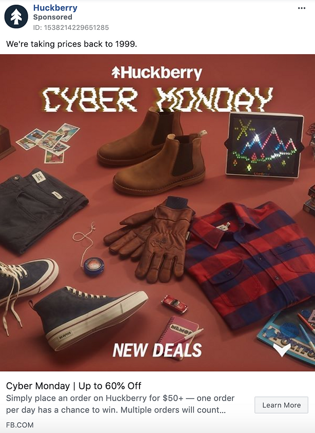 A flat lay display of men's apparel and accessories, including boots, gloves, a flannel shirt, jeans, sneakers, and a watch, with "Cyber Monday" text and promotional graphics.
