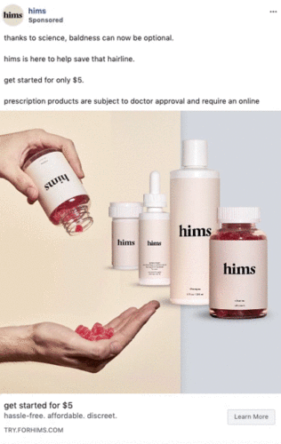 A selection of "hims" hair loss products, including bottles and a jar of gummies, is displayed against a neutral background.