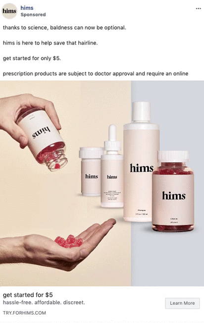 A selection of "hims" hair loss products, including bottles and a jar of gummies, is displayed against a neutral background.