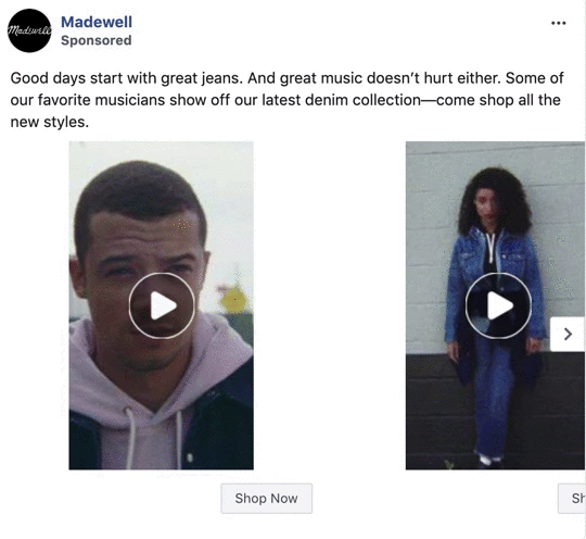Two video thumbnails show a man and a woman modeling denim outfits; text promotes Madewell's latest denim collection and invites viewers to shop the new styles.