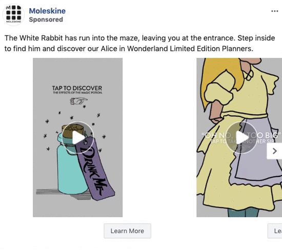 Animation showing an open planner with a "Drink Me" tag, and a partial illustration of Alice from Alice in Wonderland, promoting Moleskine’s limited edition planners.