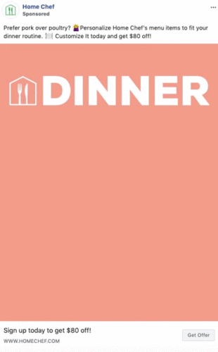 Animated ad for Home Chef shows "DINNER" with icons for pork, poultry, beef, and seafood, encouraging viewers to customize meals and sign up for $80 off.