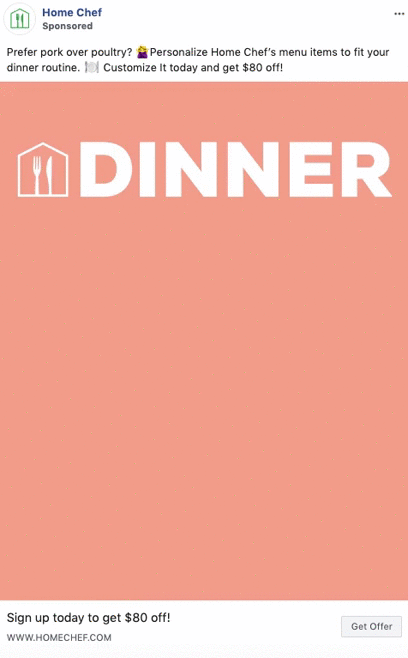 Animated ad for Home Chef shows "DINNER" with icons for pork, poultry, beef, and seafood, encouraging viewers to customize meals and sign up for $80 off.