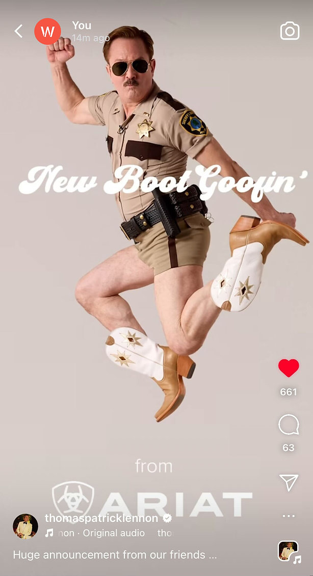 A man in a police uniform and white cowboy boots strikes a playful pose with one leg raised. The text "New Boot Goofin'" appears over the image.