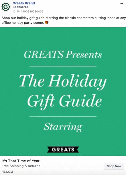 Green graphic with white text reads "GREATS Presents The Holiday Gift Guide Starring GREATS." Below is a Facebook ad with buttons for free shipping and shopping now.