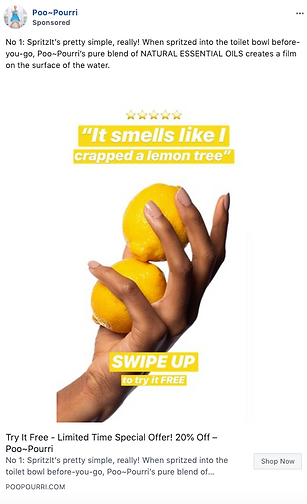 A hand holds two lemons against a plain background. Bold text reads, "It smells like I crapped a lemon tree," with a prompt to "SWIPE UP to try it FREE.