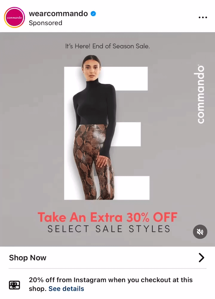 A woman models a black turtleneck and snake-print leggings in front of a large letter "E" with text promoting 30% off select sale styles for commando's end of season sale.