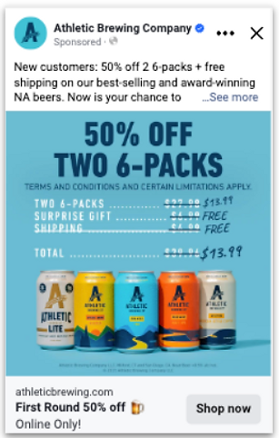 Promotional ad for Athletic Brewing Company offering 50% off two 6-packs and free shipping on non-alcoholic beers, featuring images of five different canned beers.