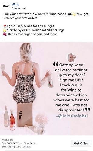 A woman in a leopard print dress looks at a table with wine bottles and glasses, next to a large Winc box. Promotional text for Winc Wine Club offers 50% off and highlights service features.