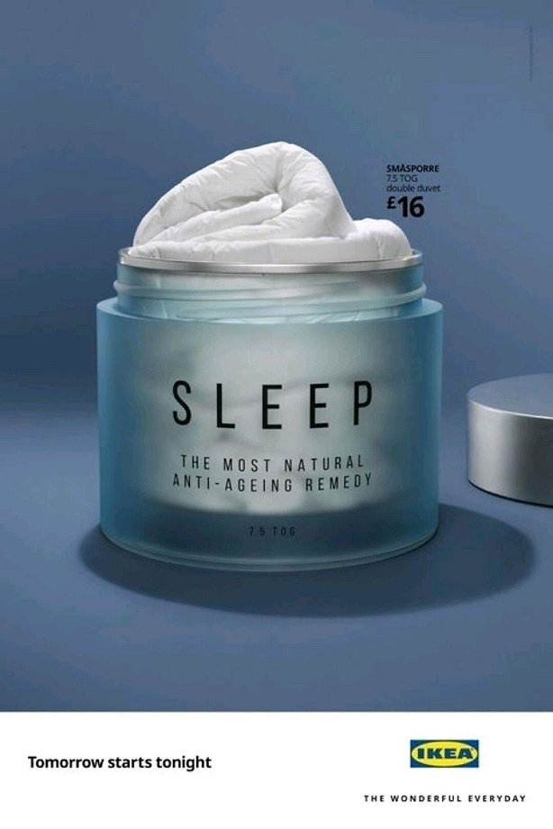 A promotional image shows a duvet in a jar labeled "SLEEP: The Most Natural Anti-Ageing Remedy." The price is £16. IKEA branding appears at the bottom.
