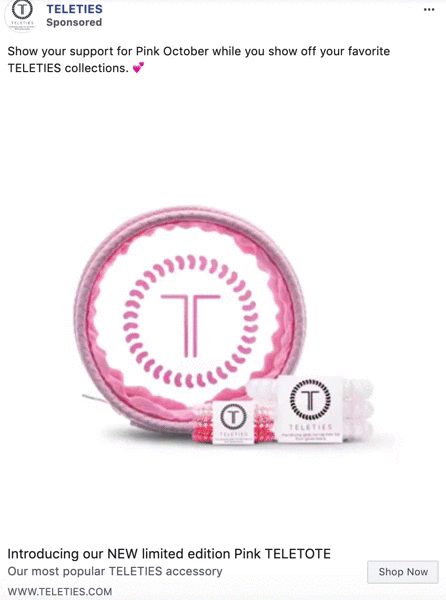 A set of pink TELETIES hair accessories, including a circular case and coiled hair ties, is displayed on a white background with promotional text for Pink October.
